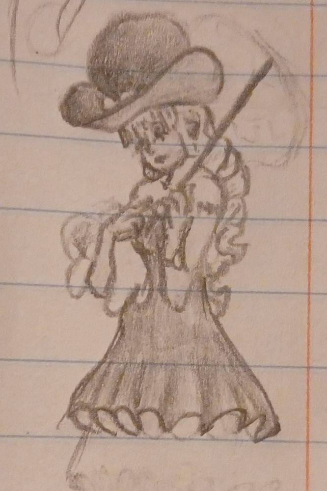 Perona post-ts doodle
Perona is a character from One Piece, her post timeskip design:
Her natural pink hair is in spiral braids
She has a bat tattoo on her shoulder, with her umbrella swung over her shoulder
Her eyes are round voids with 3 "limbs"
She's wearing a large wide brimmed and round hat with a ring of flowers
She carries a teddy bear
Her dress is black and has many layers of frills
And she wears a small bracelet with a compass