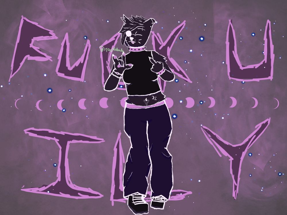 purple cat fursona in exaggerated neon and dark colors, doing a sign language "ILY" sign with her right hand and a middle finger on the other hand