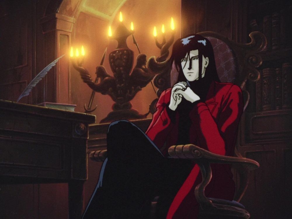 Mephisto sitting casually in his gothic office.