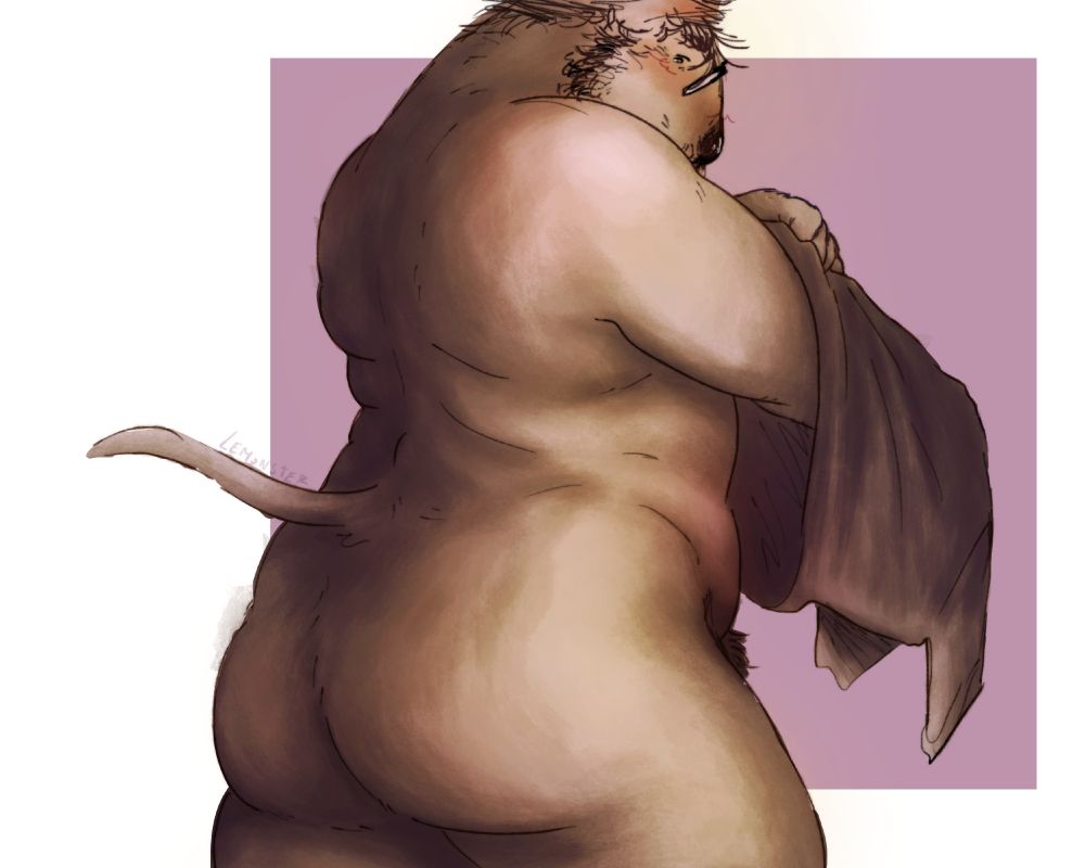 Nsfw digital piece of an anthro bull terrier with his back to us, its unclear if he's taking his shirt off, or putting it on. He's got white fur, black hair, bush and beard, and is shily showing off his shoulders, back rolls, fat, and as a central piece, plump ass. The piece is rendered somewhat painterly, texture showing smooth short fur, and the tones have an overall warmth, giving it an intimate feeling, like you're sharing a quiet morning. 