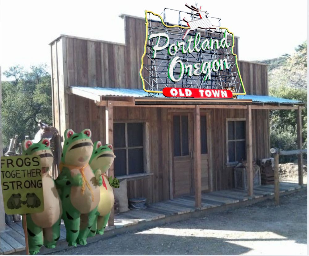 The Portland Frogs protest in front of a plywood storefront with the words “Portland Oregon” on front of building 