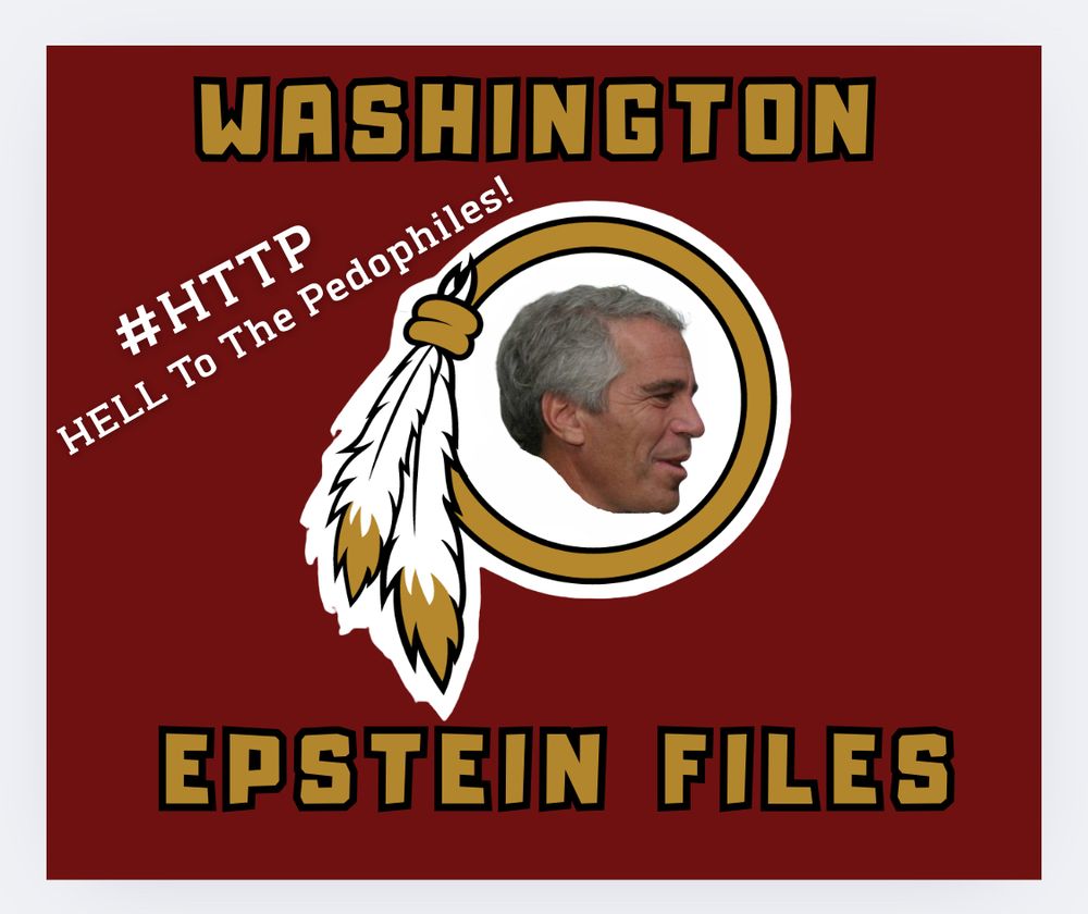 Old Washington football team logo with Jeffrey Epstein in the center with new team name “Washington Epstein Files.”