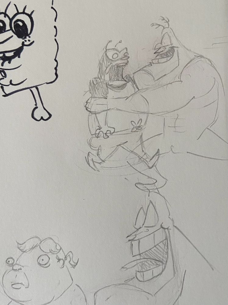 Pencil sketches of The Tick superhero happily picking up Henchman 21/Gary and running away with him. Gary is trying to escape his grasp by skittering his legs around but to no avail. He's like wtf put me down. Plus two other doodles of these characters below 