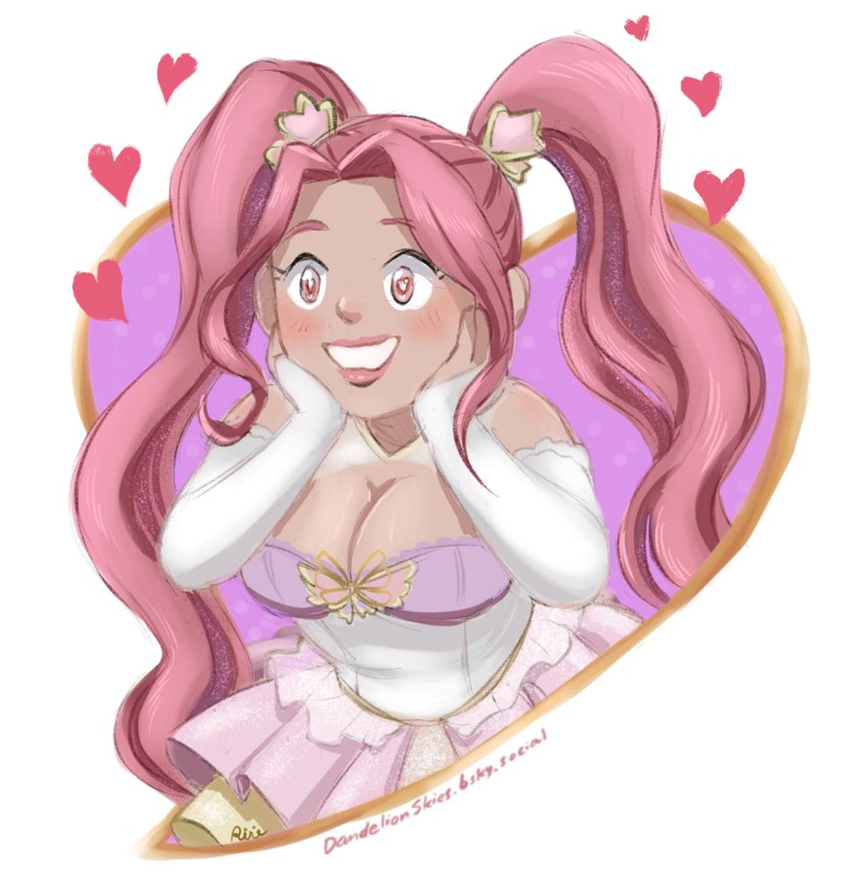 A bubbly pink and lovestruck magical girl holds her blushing cheeks. Hearts surround her and her eyes shine with hearts.