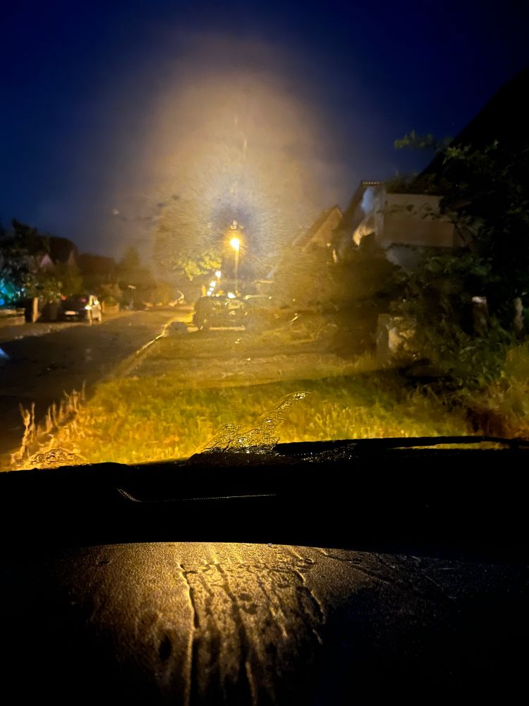 Bild aus der Frontscheibe eines Autos. Dorfstraße im Dunkeln und bei Regen. Licht der Straßenlaterne bildet eine Corona, die Häuser und Auto zur Hälfte überdeckt. 