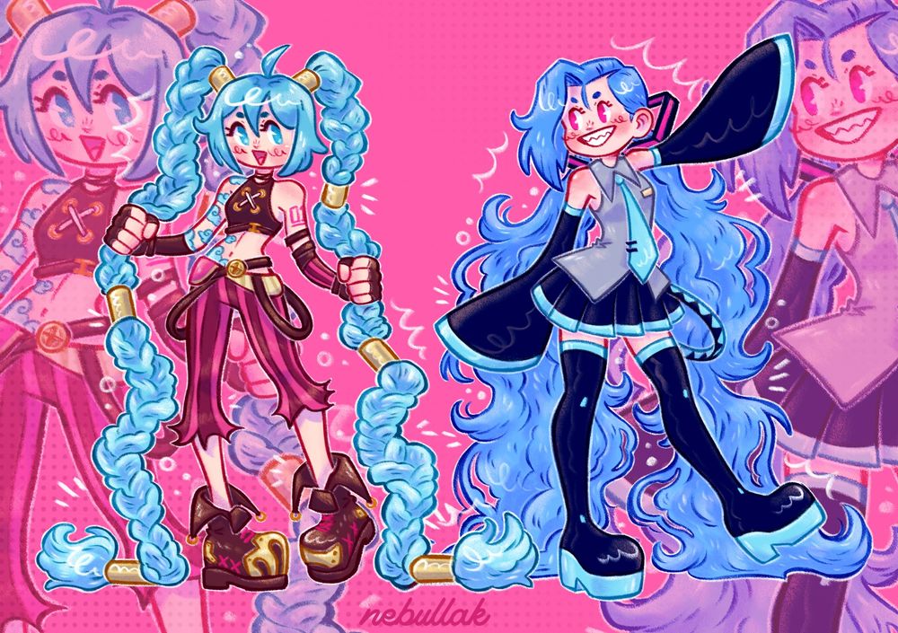 Digital illustration of the characters Hatsune Miku and Jinx (from Arcane) with their outfits swapped 