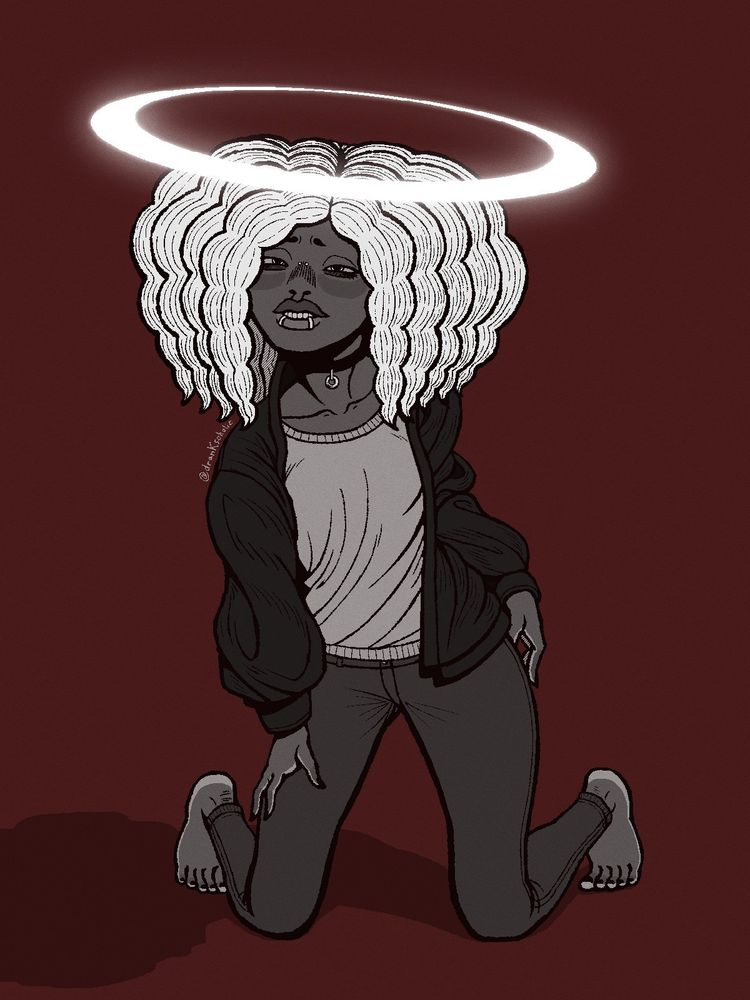 an monochromatic illustration of my OC, Mello, posing on her knees with a large, thin, glowing halo over her head