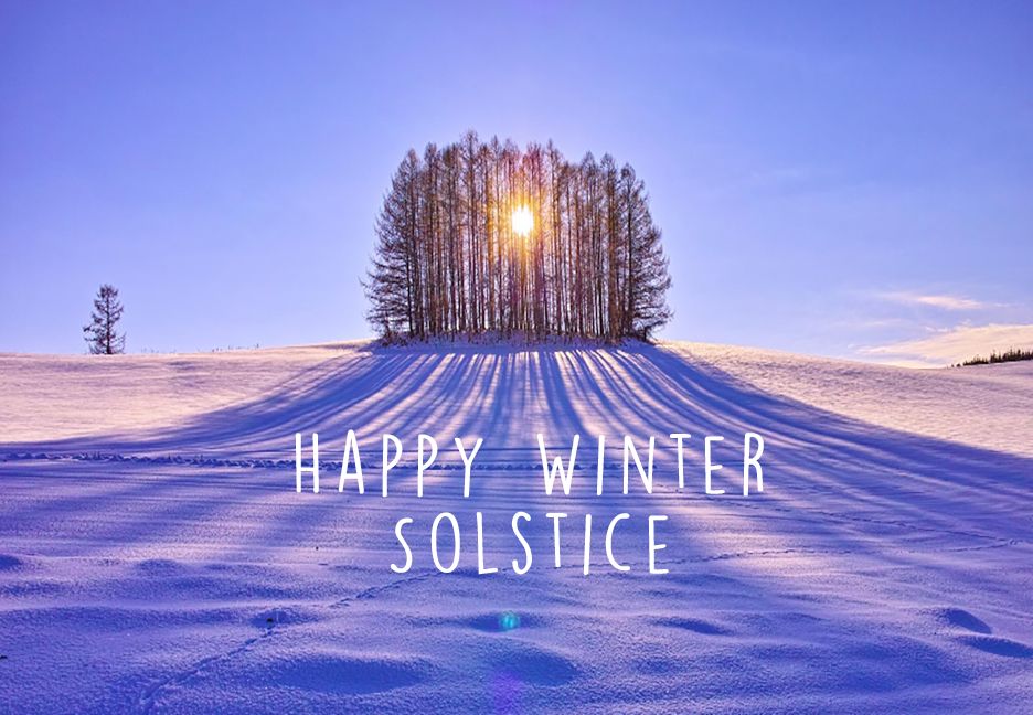Winter scene of sunrise. Lots of bright white snow and the sun peeking through a stand of trees. The message reads - Happy Winter Solstice and reminds us the reason we celebrate at this time of year. 