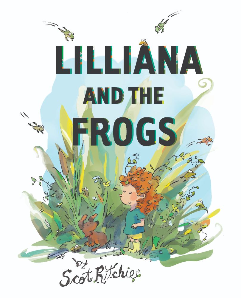 Cover of a book called Lilliana and the Frogs from Groundwood Books. Shows the main character, Lilliana in her green gumboots, surrounded by many leaping frogs.