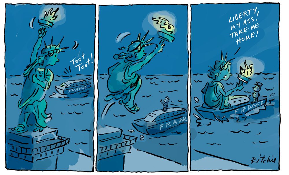Cartoon showing Lady Liberty (statue of Liberty) noticing a boat from France passing by in the middle of the night. She jumps off her pedestal and onboard the boat, saying "Liberty my ass! Take me home." 