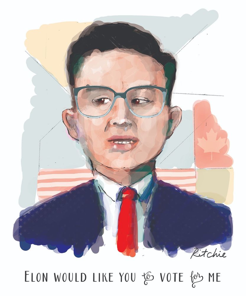 Pierre Poilievre, looking a bit shifty eyed with a quote below which says "Elon would like you to vote for me." There is the hint of both a US flag and a Canadian flag behind him. 