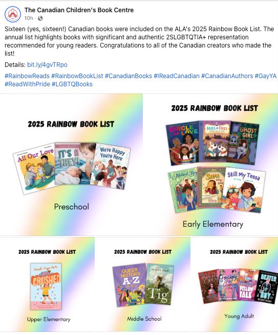 Poster showing 16 (significant and authentic) Canadian books chosen by the American Library Association Rainbow Book List for 2025. In the Preschool category is All Our Love written by Kari Lynn Winters and illustrated by Scot Ritchie. The poster shows covers of all the books in different categories. 
