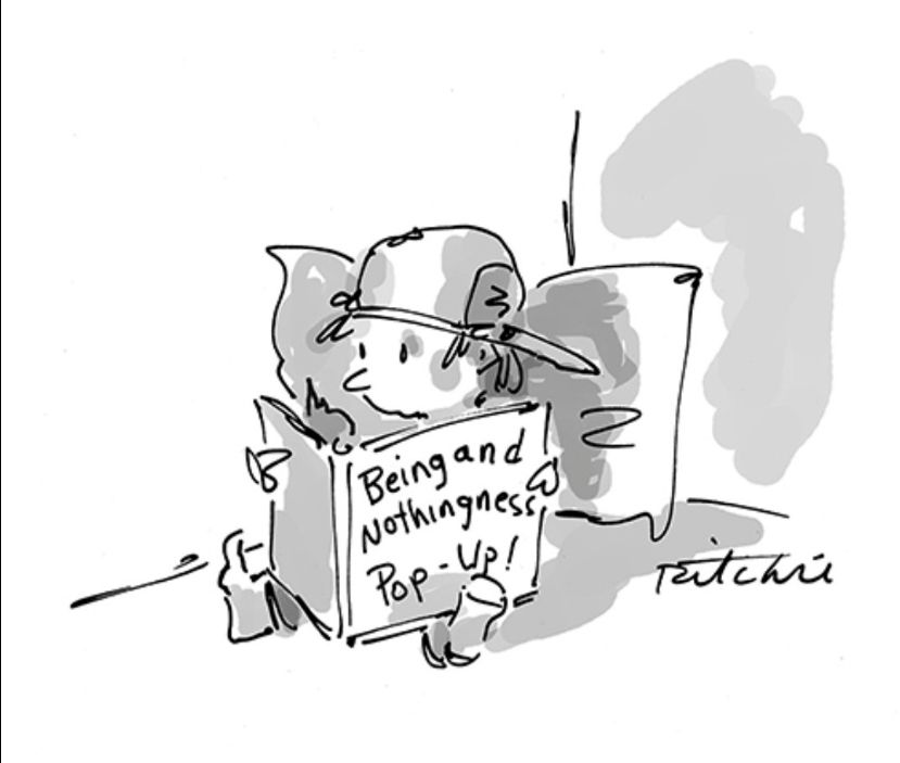 A black + white cartoon showing a young kid reading a book with a worried look on his face. Book is titled "Being and Nothingness, Pop-Up!"