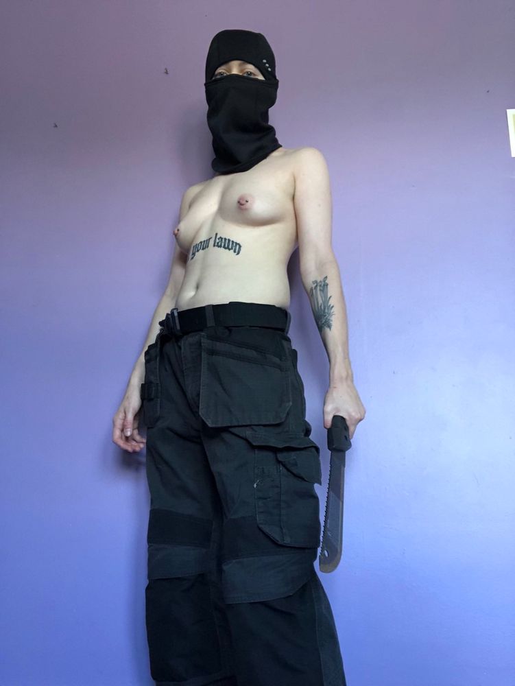 cargo pants, machete, ski mask, tits