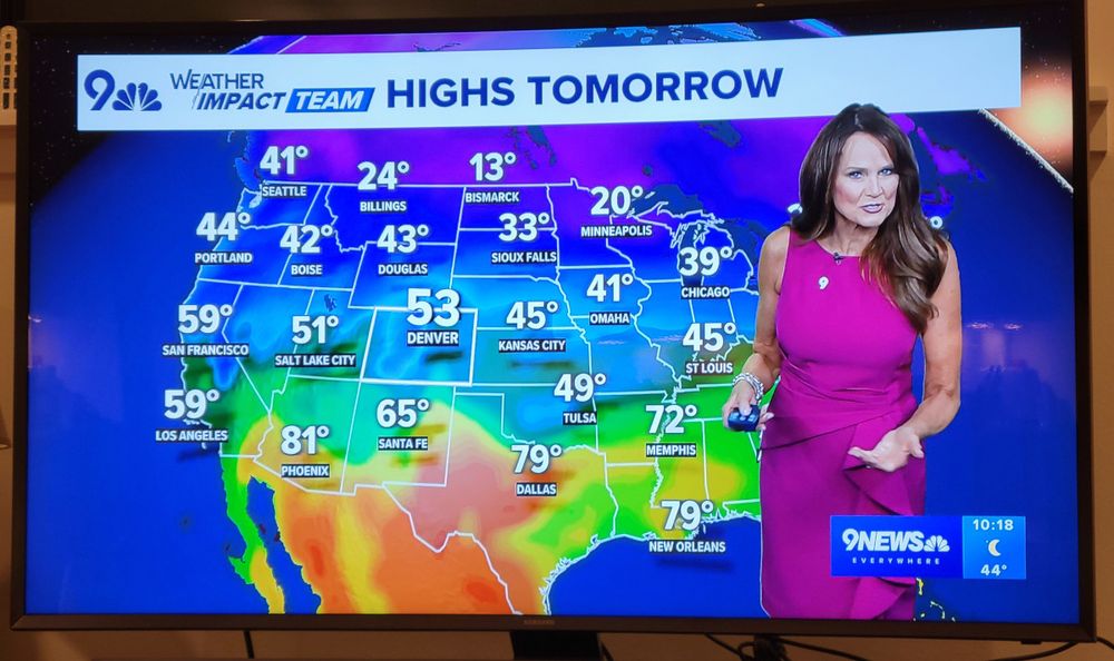 Weather map from KUSA-TV (9News) in Denver, Colorado, which locates several major cities incorrectly, including Kansas City, Omaha, St. Louis, and Minneapolis, as described in this post. Other cities appear to be shown correctly. Meteorologist Kathy Sabine is standing in front of the map.