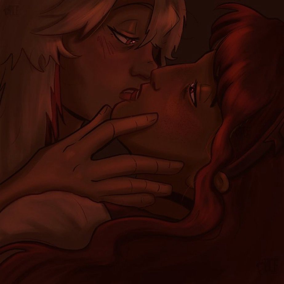 A very dark and warm-toned digital artwork of Medicine Pocket and Baby Blue (from the video game Reverse: 1999) looking at each other longingly with their eyes & mouths half open. MedPoc holds Baby Blue’s face in their hand. 