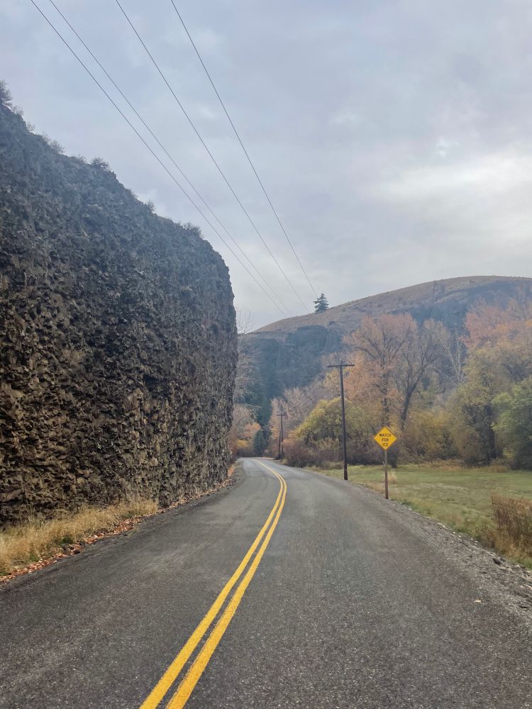 Basalt cliff right up against the road.