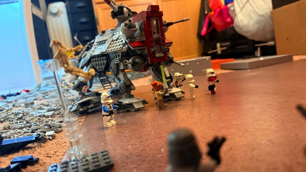 LEGO Star Wars set #75019, 2013 AT-TE. Reassembled for the first time in a decade+
In a little battle scene low to the ground blasting a droid away comedically.
Yes, I am aware that the clones pictured here are in no way close to canonically placed