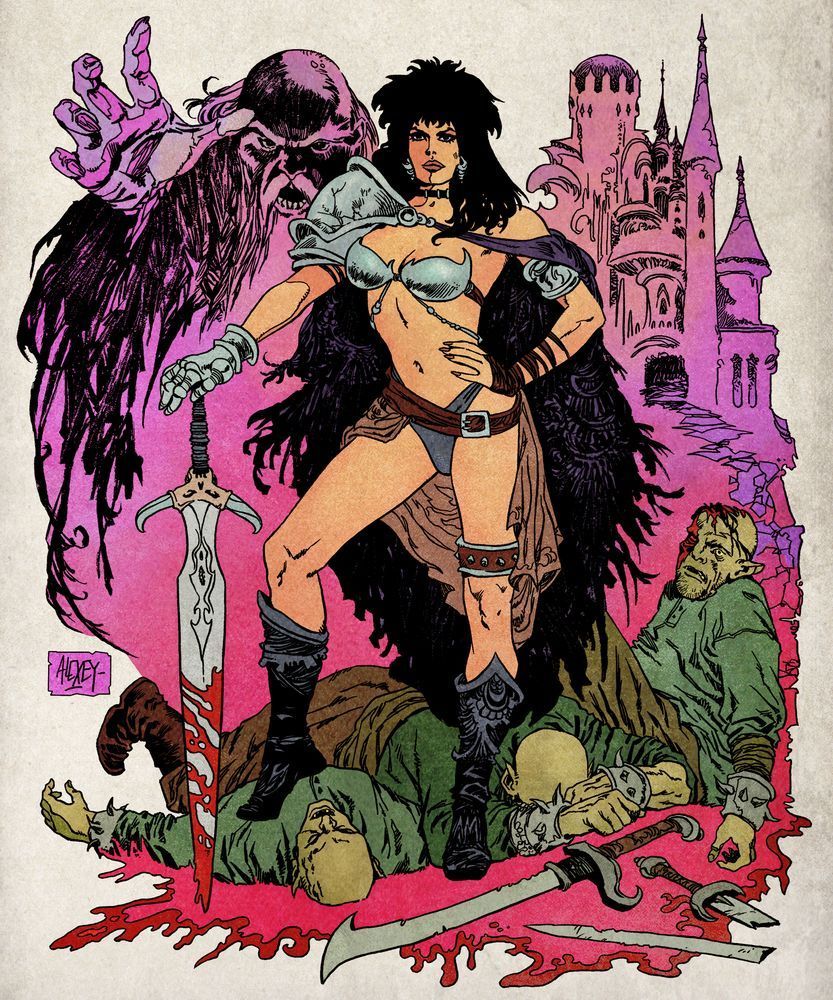 A badass looking 70's style Sword and Sorcery warrior woman stands victorious over three slain thugs, the silhouette of an evil sorcerer looming over all from the background.