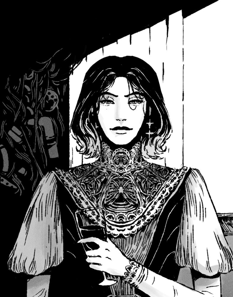 BLACK AND WHITE ILLUSTRATION: A pale woman holds a glass of wine as she stands before you, looking you right in the eye. She wears an ornate dress with butterfly-patterned lace about the upper chest, shoulders, and neck.