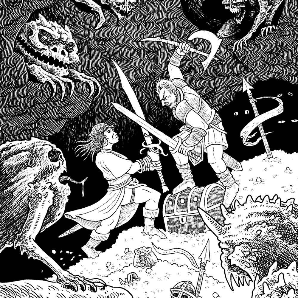 Crop of a black & white illustration by Justin McElroy aka @thoughtographic.bsky.social

It shows a burly pirate woman engaged in a climactic battle with an axe-wielding man, both of them standing among mountains of treasure while dozens of bizarre demons watch from the sidelines.