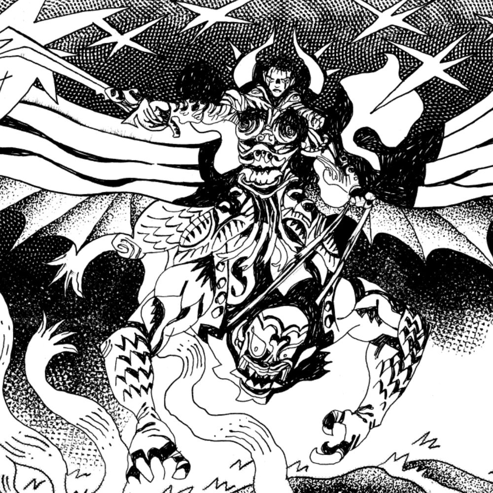 A woman in demonically angelic battle armor, holding her sword up high like a commander, rides a demonic winged creature with a Japanese Oni-like face high above a burning landscape.