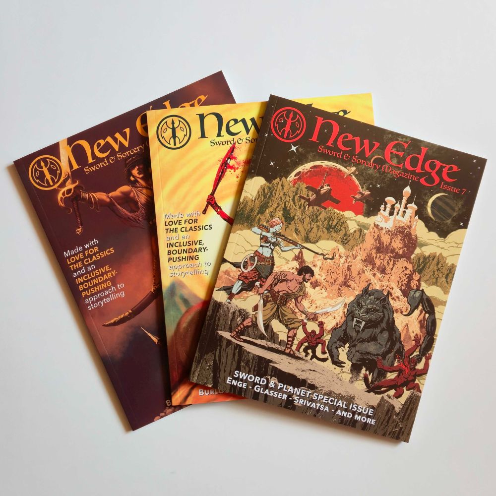 Issues five, six, and seven of New Edge Sword & Sorcery in softcover format, fanned out against a white background.