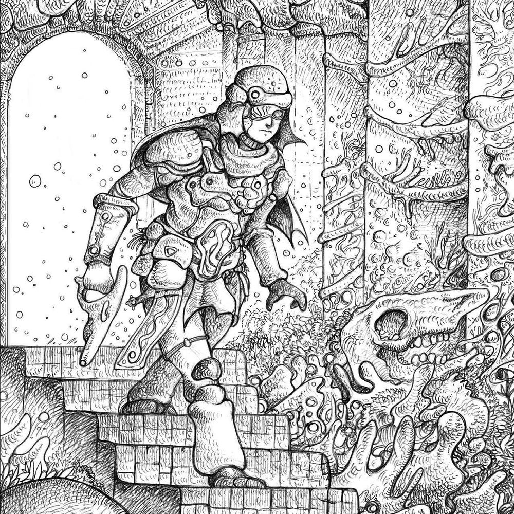 Illustration by Andrey Garin: A science fiction desert soldier steps down stairs into a dungeon whose walls are crawling with bio organic matter.