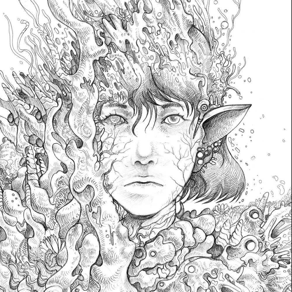 Illustration by Andrey Garin: An elf stares you down as organic matter grows up along the right side of their face, discoloring their right eye, roots like veins running under their cheek....