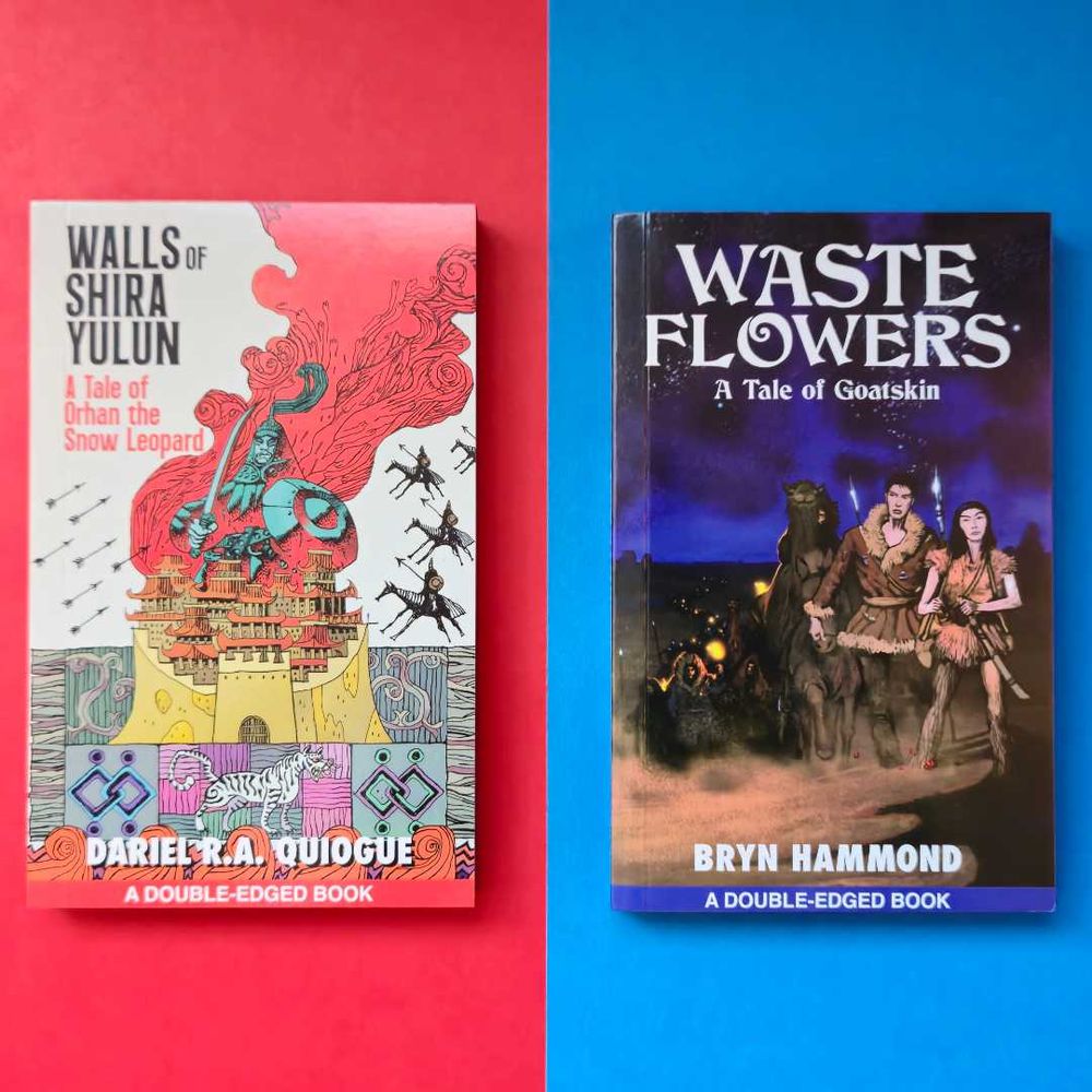 Two paperback copies of Double-Edged Sword & Sorcery, two novellas in a single book with different covers on each side, side-by-side.

The left copy is on a red background, showing the cover for Walls of Shira Yulun by Dariel R.A. Quiogue, art by Arytom Trakhanov. The right side copy lay on a blue background, displaying Goran Gligovic's cover for Waste Flowers by Bryn Hammond.
