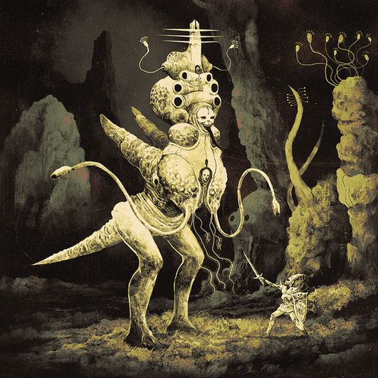 Color Illustration of a brave knight, on foot with sword held high, facing a creature easily seven times their height, with strange tentacle arms, multiple faces, and other grotesquerie.
