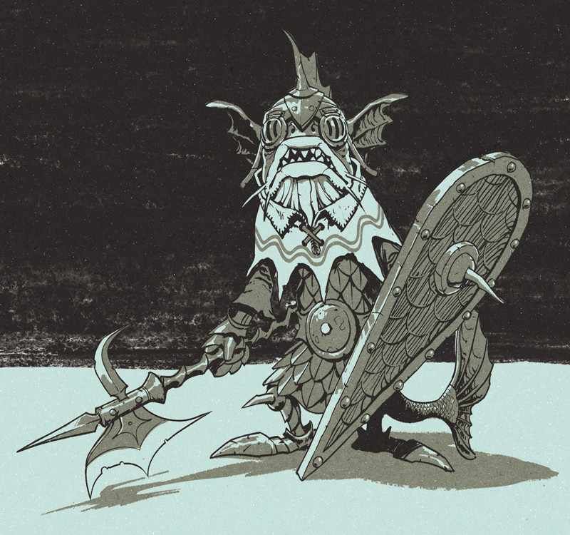 An illustration by Luis Melo of a Fish Goblin, wielding a teardrop shaped shield and a halberd.