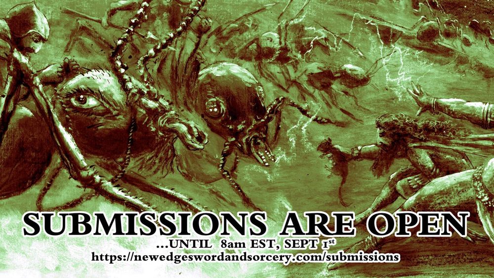 Weird giant ants, some with human riders holding on for dear life, charge over castle walls to face a pair of mages, one holding a suspiciously normal rat in front of him as if it will do something to defeat all those giant ants! The caption reads: Submissions are open....until 8am EST, Sept 1st. https://newedgeswordandsorcery.com/submissions