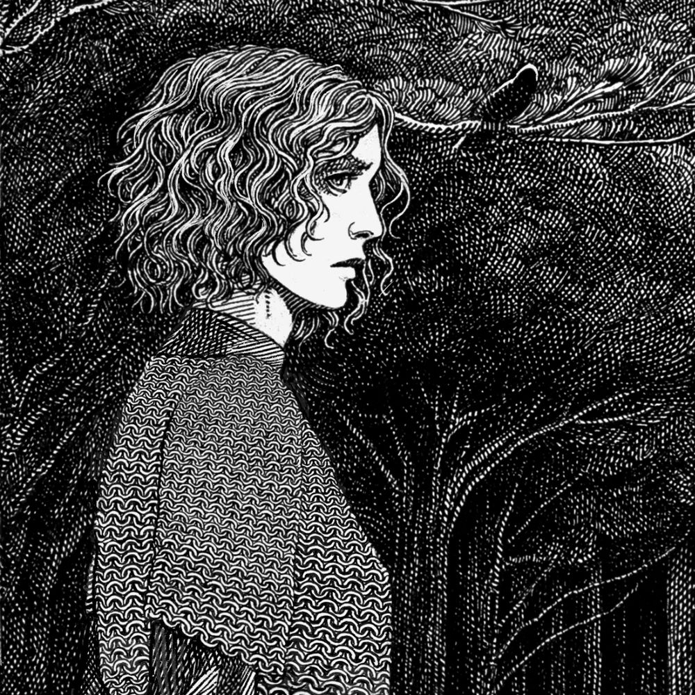 B&W illustration of a woman with short hair and wearing chainmail, standing in side profile against a woodland backdrop.