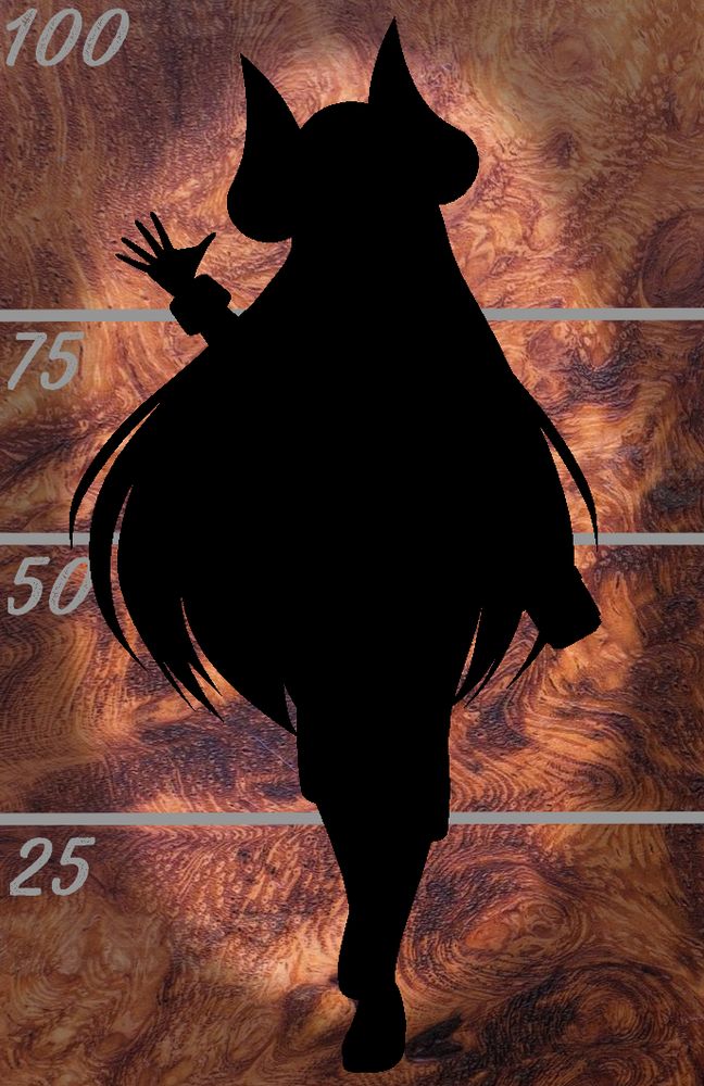 A blacked out silhouette of Jing's new model, depicted against a spotlit wood burl background. At the knees is a grey line labelled 25, at the waist a line labelled 50, the shoulders labelled at 75, and a label of 100 at the top.