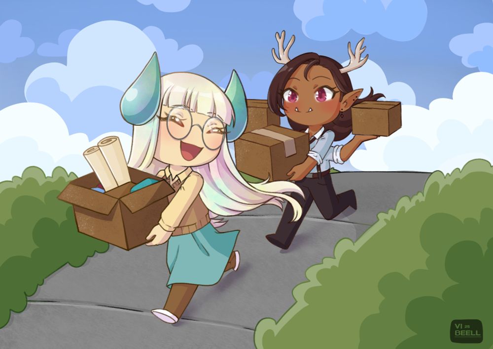 A picture by Vi_Beell of Jing and Shard together, walking down a sidewalk on a sunny, slightly cloudy day in an exaggerated 'chibi' style.
Jing walks in the front, grass lining both sides of the sidewalk, carrying an open box with two scrolls sticking up into the air, and cheerily calling over her shoulder to Shard who is following, carrying three boxes just a step behind Jing.