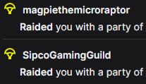 Jing's Stream Events summary showing raids from: SipcoGamingGuild, and magpiethemicroraptor