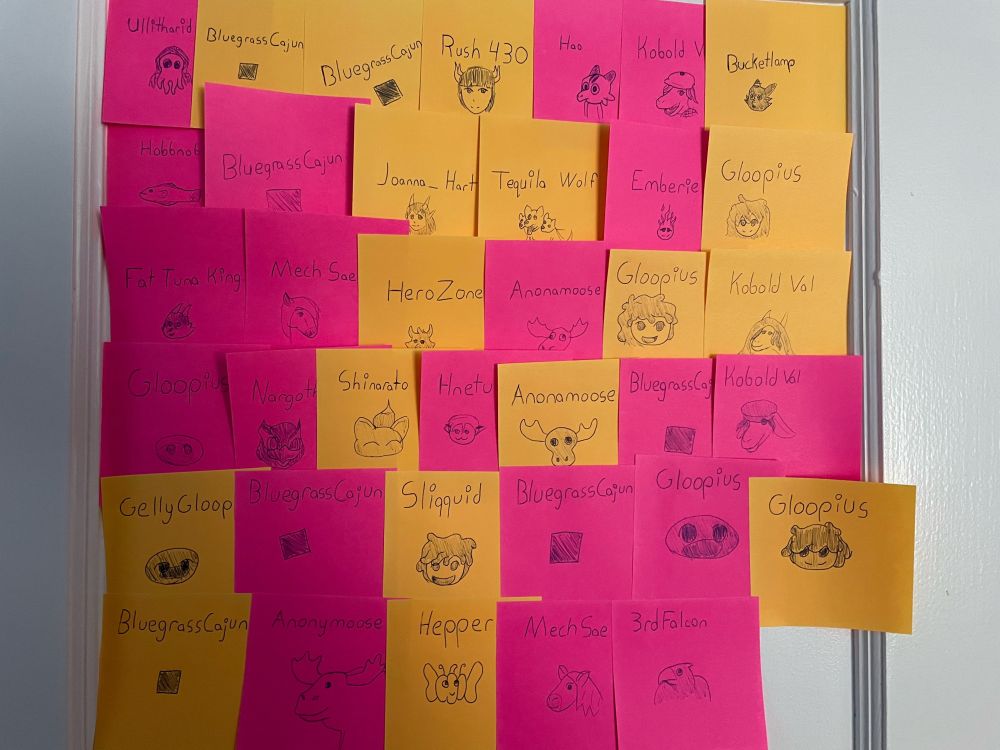 Post-its stuck to a door of fifty dollar and up donations for Jing's Donothon, featuring: Ullitharid, BluegrassCajun, Rush430, KoboldHao, KoboldVal, Bucketlamp, Hobbnob, Joanna_Hart, Tequila_Wolf, Emberie, Gloopius/Gelly/Sliqquid, FatTunaKing, MechSae, Herozone, Anonymoose, Nargoth, Shinarato, Hnetu, Hesper's Quest, and 3rdFalcon