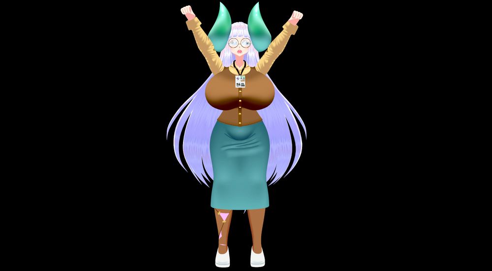 A picture of Jing on a plain black background, both fists over her head in triumph, screaming victory to the heavens.