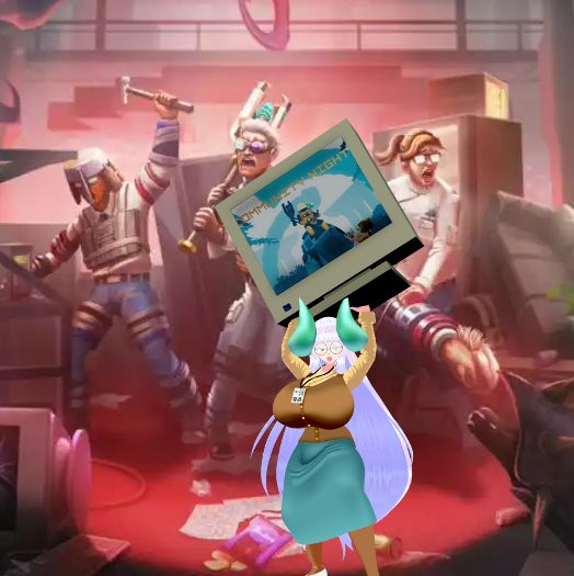 A thumbnail image from Abiotic Factor, featuring three members of the science team holding off attackers while cornered against an improvised barricade made from office furniture. Jing stands at the front of the trio of the science team, wielding a CRT monitor over her head that has an old Risk of Rain 2 community night thumbnail on the screen.