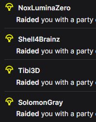 Jing's stream events summary showing raids from: SolomonGray, Tibi3D, Shell4Brainz, and NoxLuminaZero