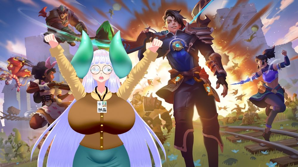 Orcs Must Die Deathtrap promotional art featuring Vaan, Wren, Harlowe, and Kalos moving towards the camera away from an enormous explosion that's blasting a horde of orcs and ogres. In the foreground of the picture is Jing, screaming in triumph with a silly expression, her eyes drifting away from one another, and both fists in the air.