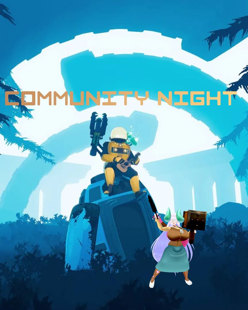 Jing standing with a hammer in one hand, rifle in the other, and a pink guitar on her back, standing on the cover art of Risk of Rain 2, just before the drop pod which Commando sits upon playing a ukulele. Across the top text reads 'Community Night'