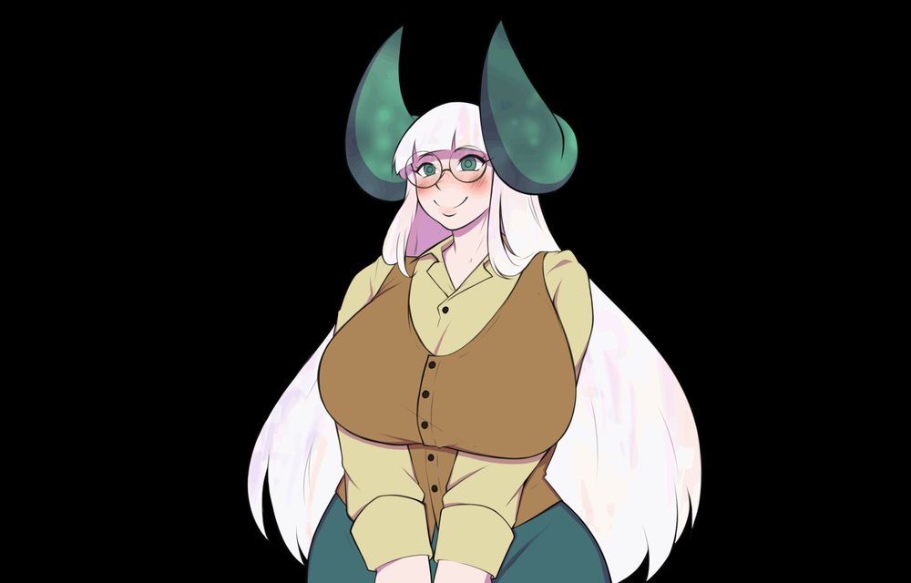 A static PNG of Jing standing with hands folded together in front of her hips. She's smiling with a soft blush, wearing her usual brown vest, cream top, and blue skirt.