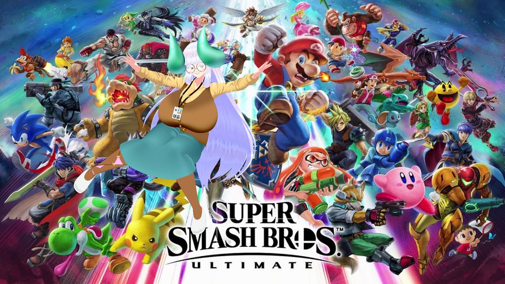 Super Smash Bros Ultimate banner poster, with every character arrayed in mid-leap before the game's title at the bottom center. Jing is in freefall beside Mario, just in front of Link slightly left of center screen, smiling and looking towards the camera.