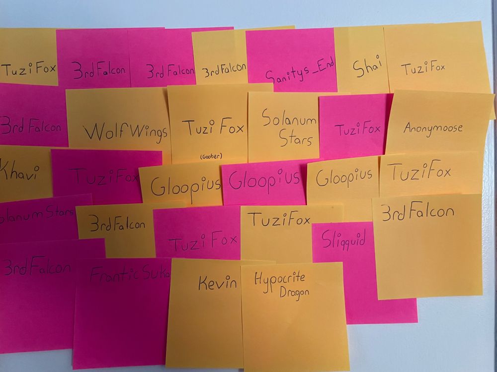 Post-its stuck to a door of five dollar and up donations for Jing's Donothon, featuring: TuziFox, 3rdFalcon, Sanitys_End, Shai, WolfWings, SolanumStars, Anonymoose, KhaviSnakepact, Gloopius/Gelly/Sliqquid, FranticSuka, Kevin, and HypocriteDragon