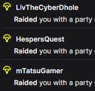 Jing's stream events summary showing raids from: mTatsuGamer, HespersQuest, and LivTheCyberDhole