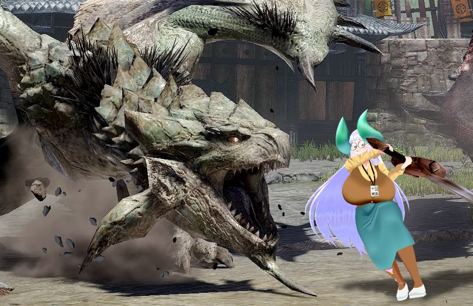 A screenshot of Monster Hunter: Rise, featuring a Rathian roaring while facing right, while Jing has been edited into the picture wielding a greatsword, and grinning as she swings on the Rathian. A rathalos looms just out of frame behind Jing, casting its shadow on the ground as well.