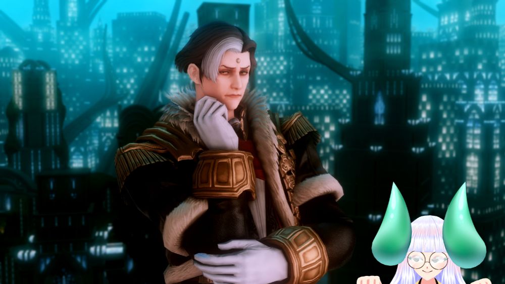 A picture of Emet Selch of Final Fantasy XIV standing with a city skyline in the background, looking pensively out of frame to the left. In the bottom right, Jing is pulling herself up and into frame with a silly smile and looking to the left towards Emet.