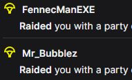 Jing's stream events summary showing raids from: Mr_Bubblez, and FennecManEXE